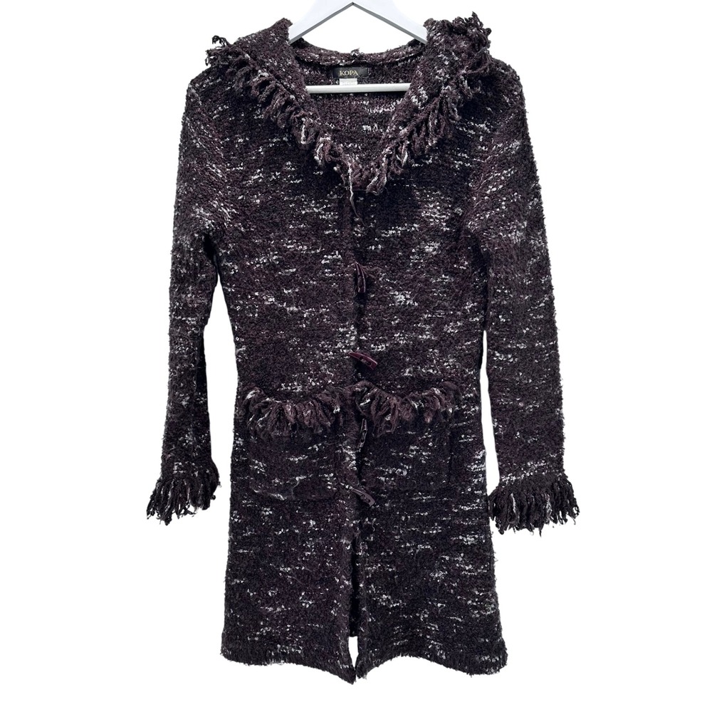 KOPA Women's Cardigan Sweater S 65% Mohair Hooded Fringe Textured Button Front